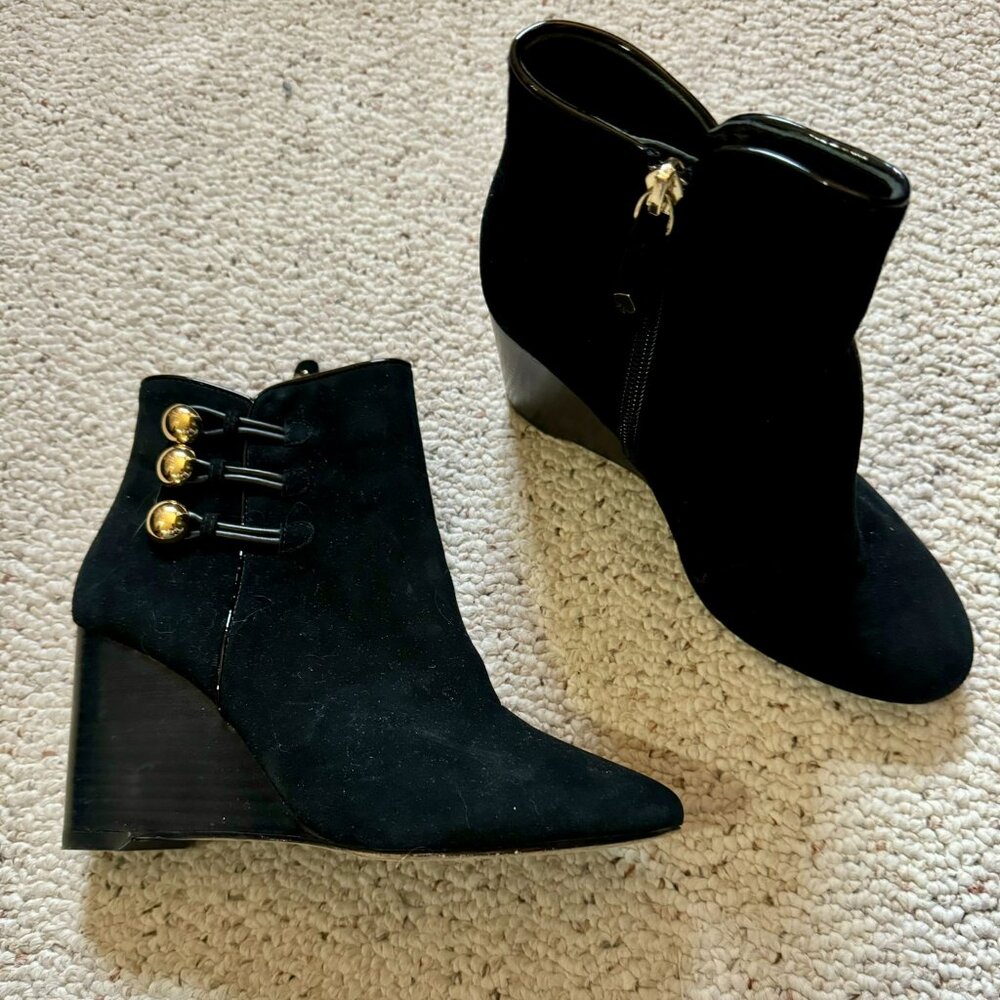 Kate Spade zip-up black suede wedge booties w/ brass buttons, women's size 6.5